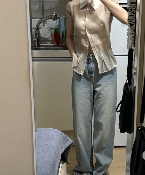 MUSINSA | SCULPTOR Sheer Pleated Hem Blouse Raw