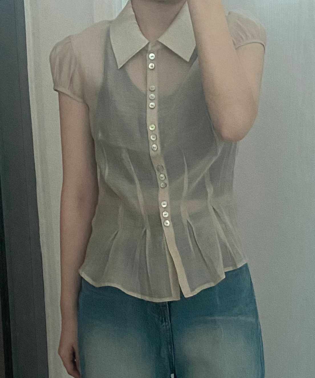 MUSINSA | SCULPTOR Sheer Pleated Hem Blouse Raw