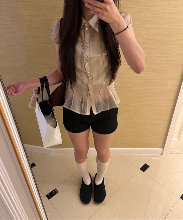 MUSINSA | SCULPTOR Sheer Pleated Hem Blouse Raw