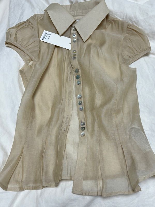 MUSINSA | SCULPTOR Sheer Pleated Hem Blouse Raw