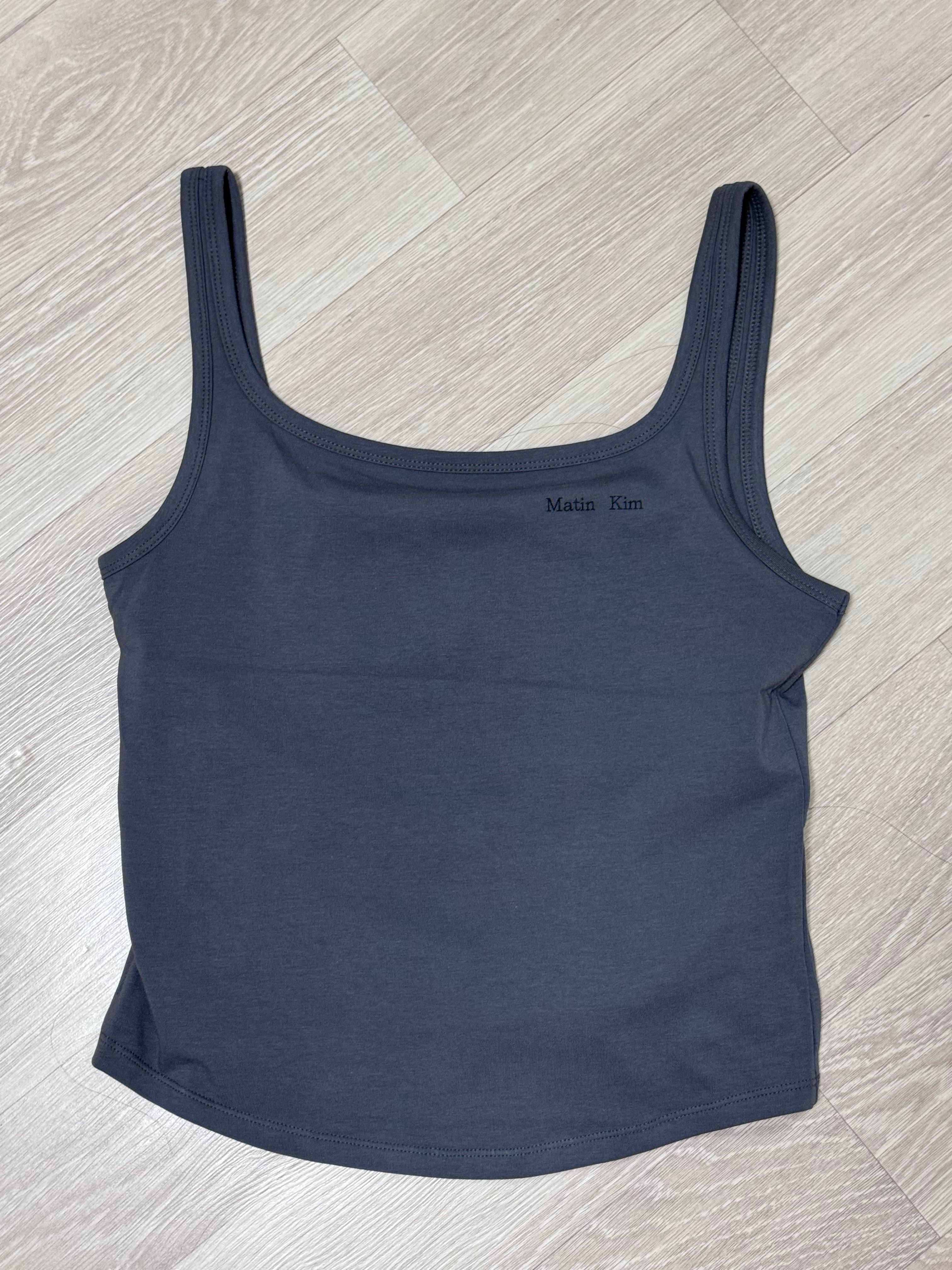 MUSINSA | MATIN KIM SQUARE NECK SLEEVELESS LOGO TOP IN CHARCOAL