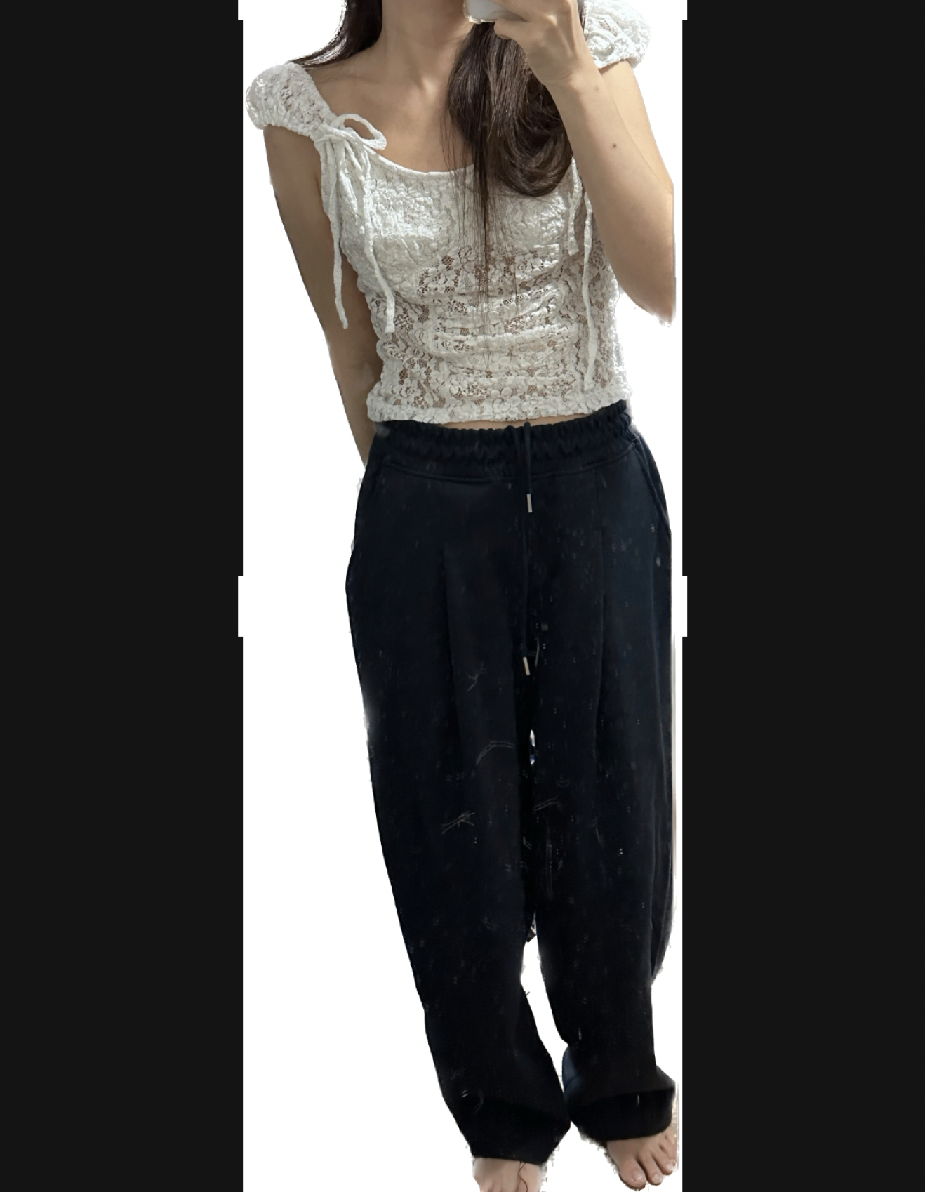 Tシャツ・カットソー CERRIC : 24SS / LACE CREASE SHIRRING HALF TOP (2COLORS) CERRIC : 24SS / LACE CREASE SHIRRING HALF TOP (2COLORS