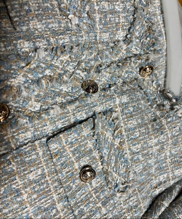 VIVABROWN ■ 85-VIVAJ048 Multi-Color Cropped Tweed Jacket 85-VIVAJ048 Multi-Color Crop Tweed Jacket Sky Blue