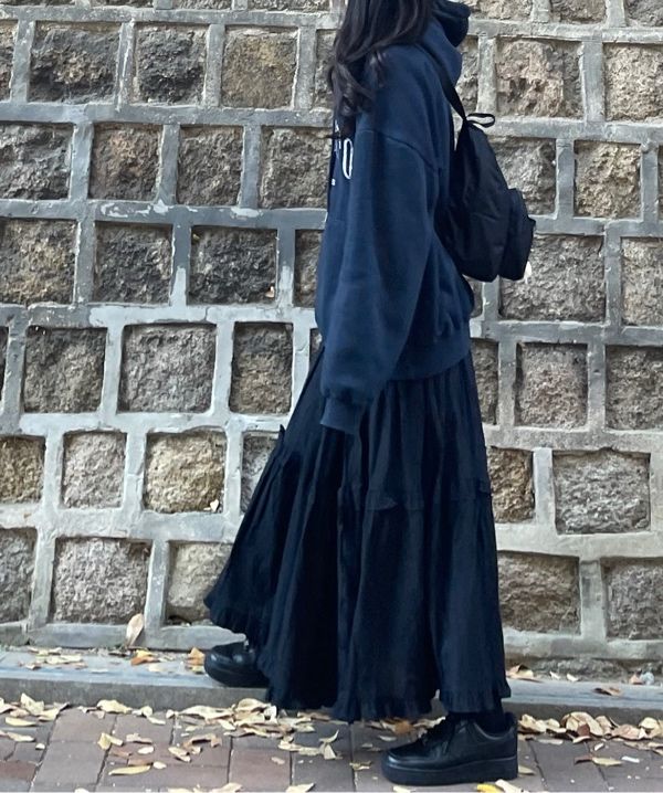 スカート Cancan Frill Flare Ribbon Shirring Long Cotton Skirt Black MUSINSA | PLACE STUDIO Cancan Frill Flare Ribbon Shirring