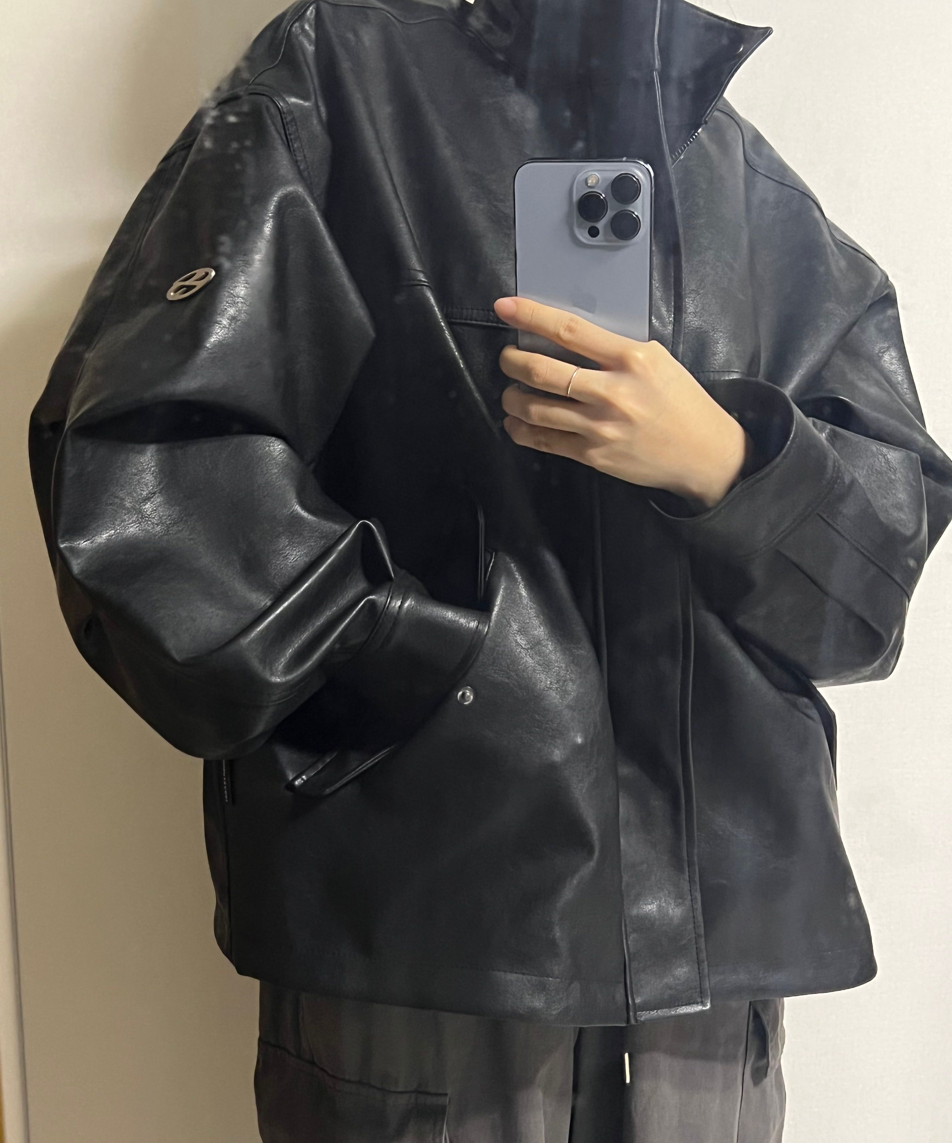 MUSINSA | 1993STUDIO Symbol Logo Leather Field Jacket_Black