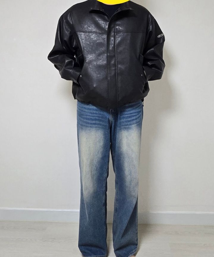 MUSINSA公式 | 1993STUDIO Symbol Logo Leather Field Jacket_Black