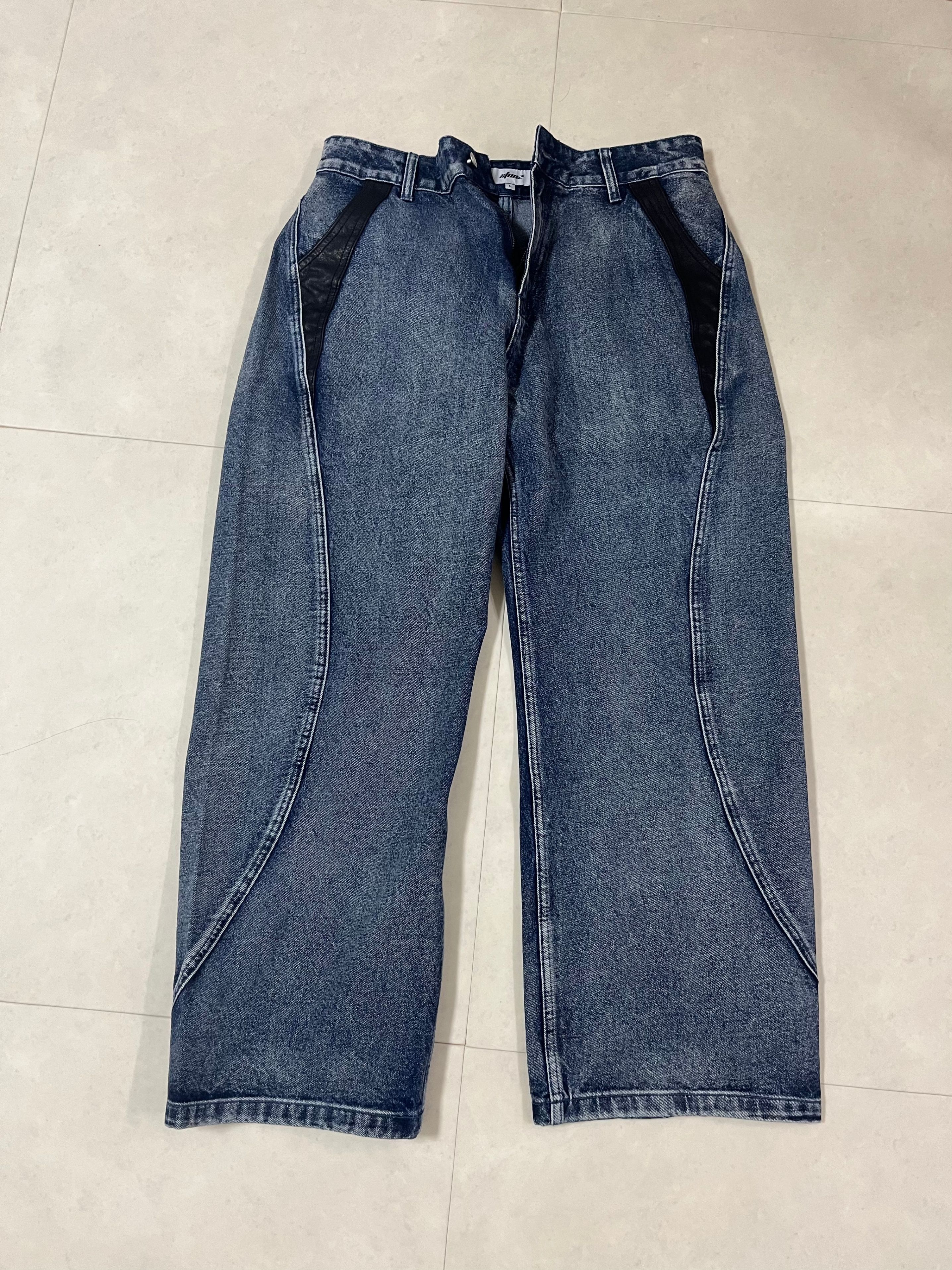 MUSINSA | XTONZ XP236 Leather Mix Curved Denim Pants (BLACK)