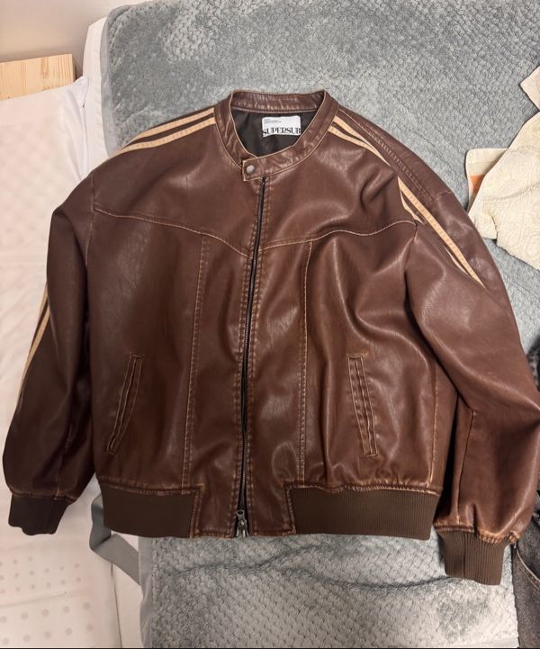 MUSINSA | SUPERSUB Vintage Track Biker Leather Jumper - Brown