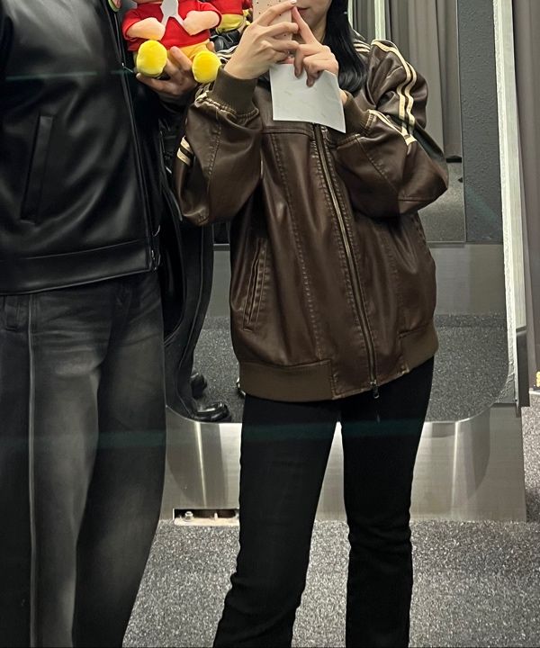 MUSINSA公式 | SUPERSUB Vintage Track Biker Leather Jumper - Brown