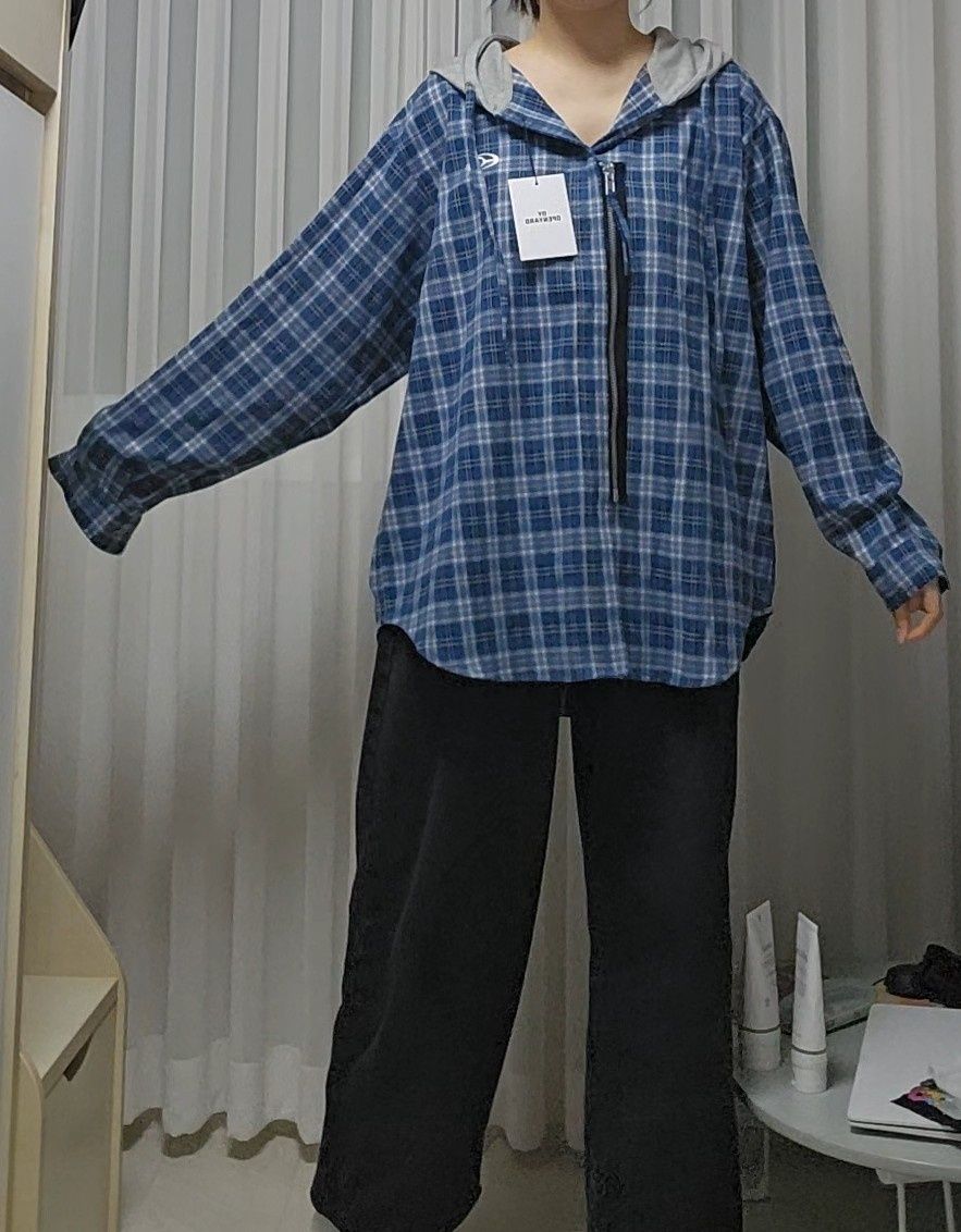 MUSINSA | OY S.L CHECK ZIPPER HOODIE SHIRTS - BLUE