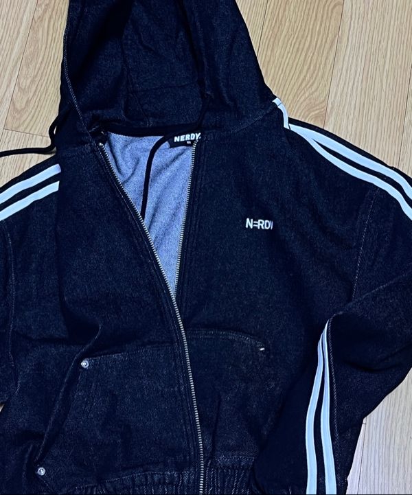 MUSINSA | NERDY Women's Denim Hoodie Track Top (Black/Navy