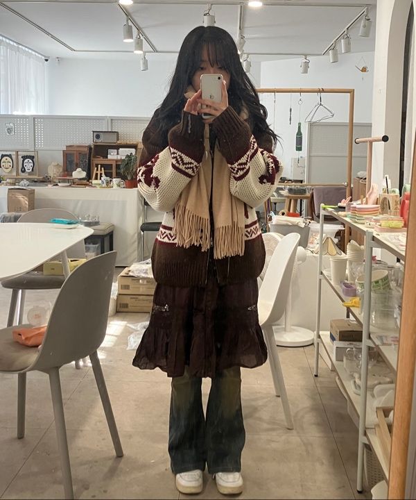 MUSINSA | ROCKCAKE Flower Cowichan Cardigan - Brown