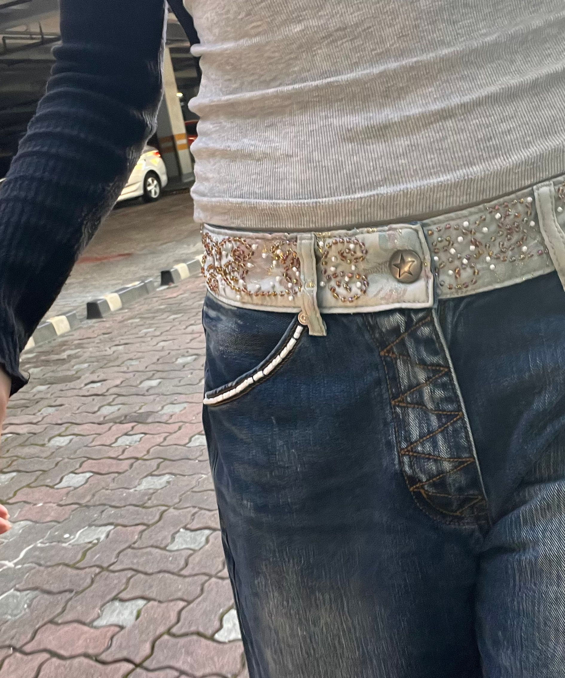 MUSINSA | SCULPTOR Beaded Waist Denim Pants Indigo Blue
