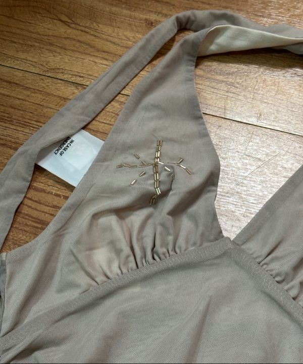 MUSINSA | SCULPTOR Beaded Mesh Halter Top Skin