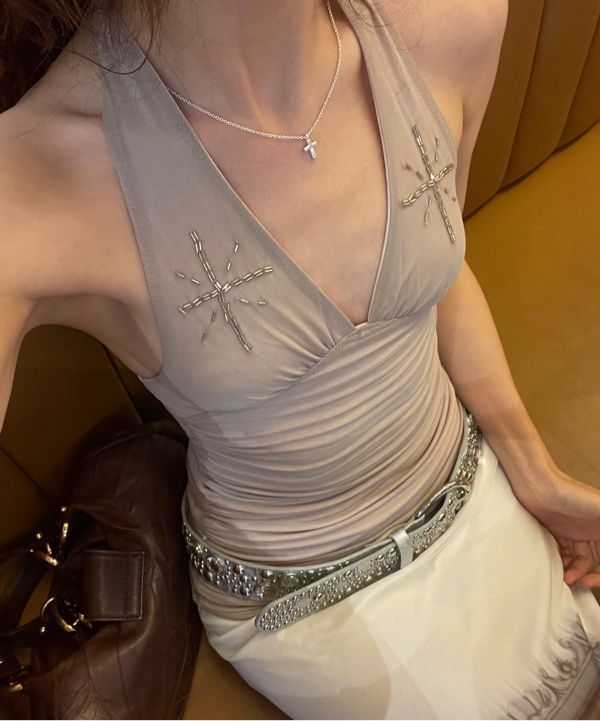MUSINSA | SCULPTOR Beaded Mesh Halter Top Skin