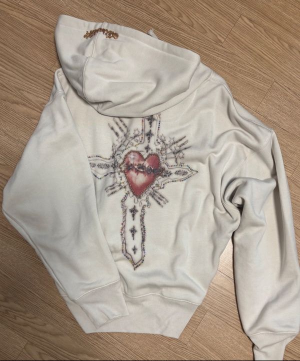 MUSINSA | SCULPTOR Beaded Saint Hoodie Zip-Up Dirty White