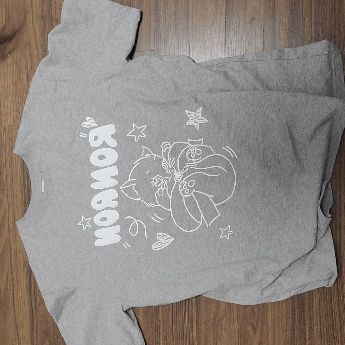 ◆RONRON◆ EMBO KITSCH CAT OVER FIT T SHIRT MELANGE GREY MUSINSA | RONRON EMBO KITSCH CAT OVER FIT T SHIRT MELANGE GREY