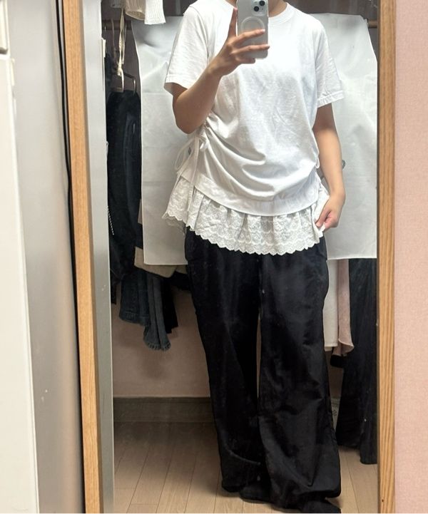 MUSINSA | RONRON TORCHON LACE SHIRRING LAYERED LONG T SHIRT