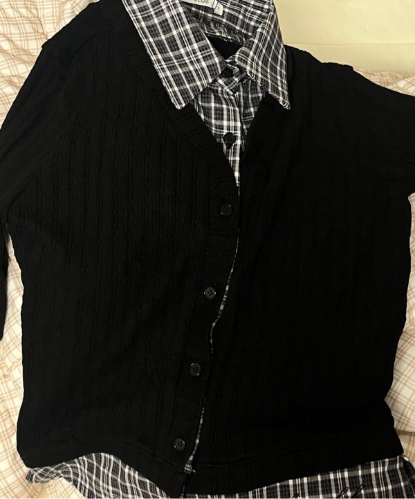 MUSINSA | FANCY CLUB Check Shirt Layered Cardigan (BLACK)_