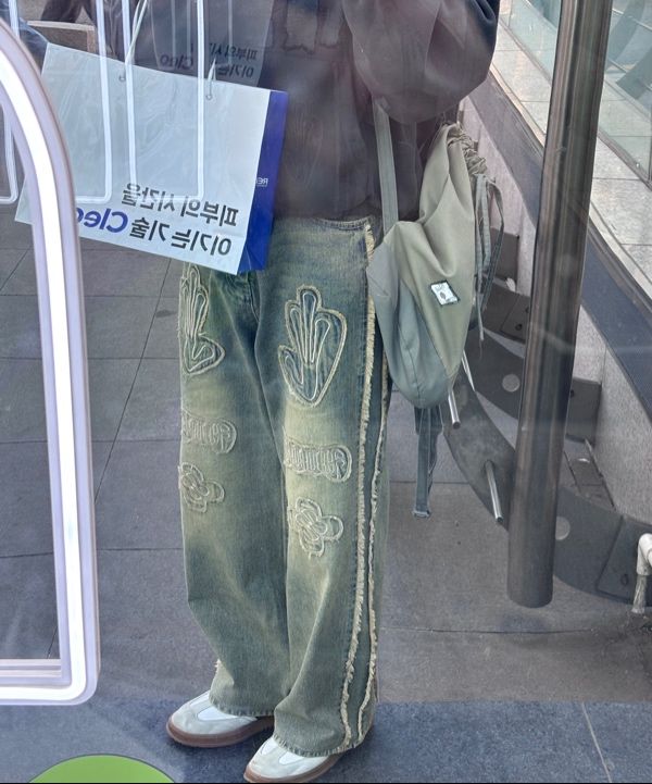 ●HOODHOOD● HD Multi Logo Applique Yellow Washed Denim Pant MUSINSA | HOODHOOD HD Multi Logo Applique Yellow Washed