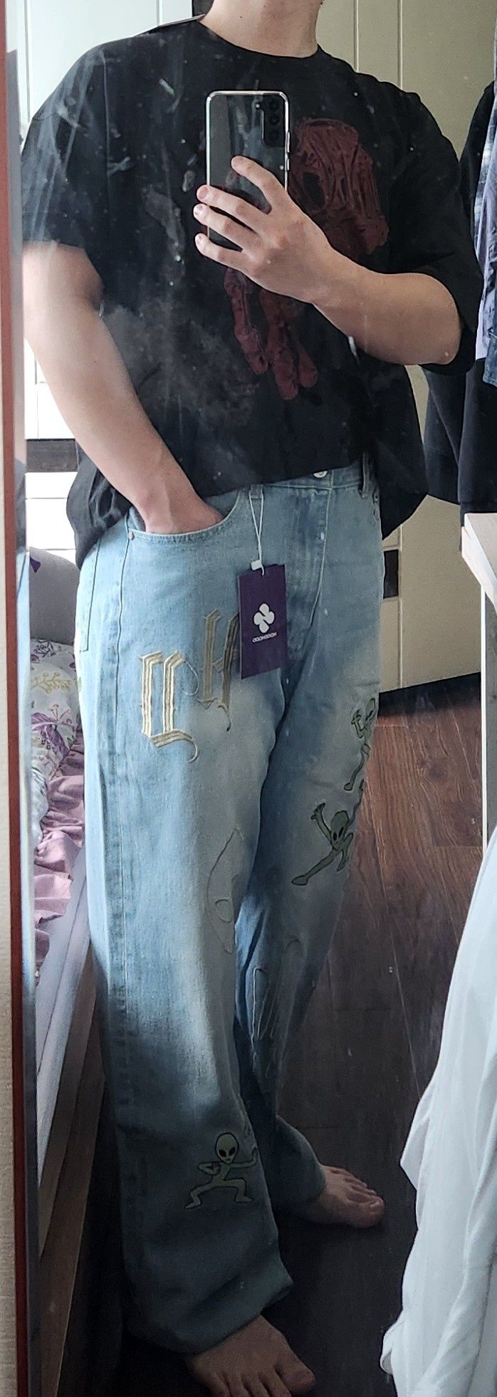 ●HOODHOOD● Western Alien Embroidered Denim Pants Light Blu MUSINSA | HOODHOOD HD Alien Multi-Embroidery Denim Pants