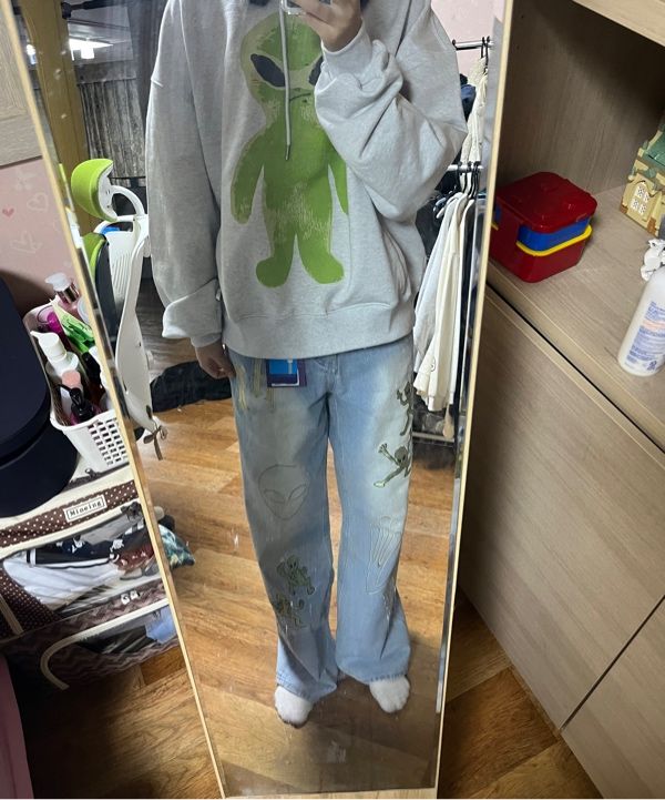 MUSINSA | HOODHOOD HD Alien Multi-Embroidery Denim Pants Light Blue