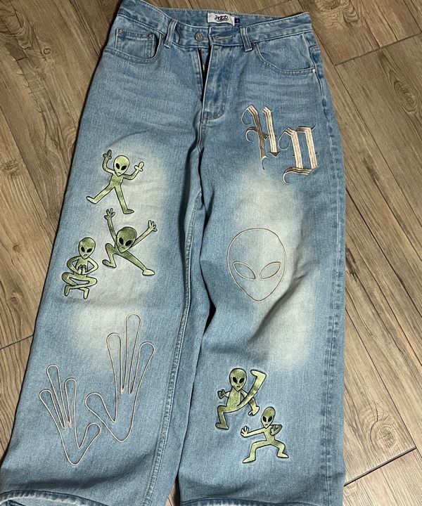 MUSINSA公式 | HOODHOOD HDエイリアンマルチ刺繍デニムパンツライトブルー