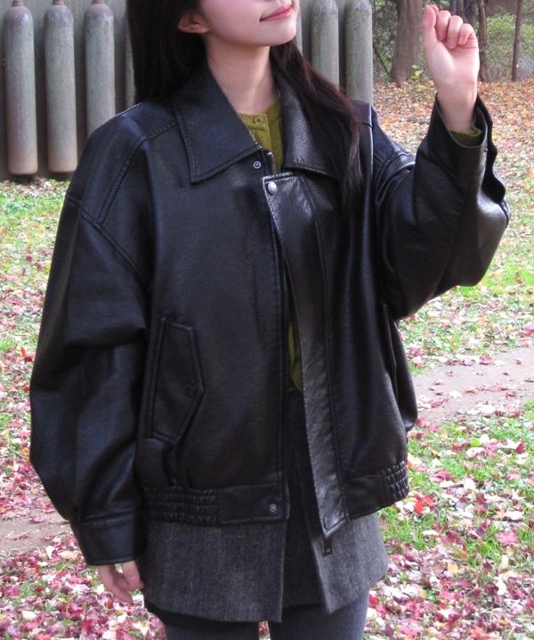 MUSINSA | LADY VOLUME 9172 NATURAL WASHED LEATHER JACKET_BLACK