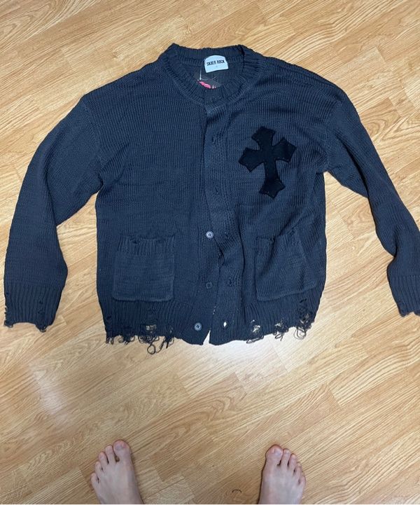 MUSINSA | SK8ER ROCK Classic Cross Destroyed Knit Cardigan ((Dark