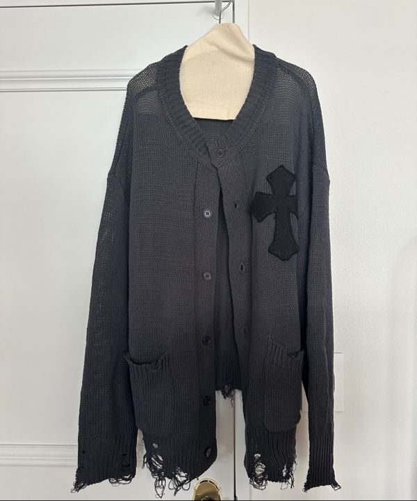MUSINSA | SK8ER ROCK Classic Cross Destroyed Knit Cardigan ((Dark