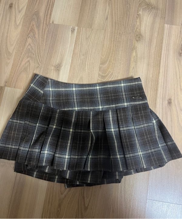 MUSINSA | PORTA CHECK PLEATS MINI SKIRT SHORTS, BROWN