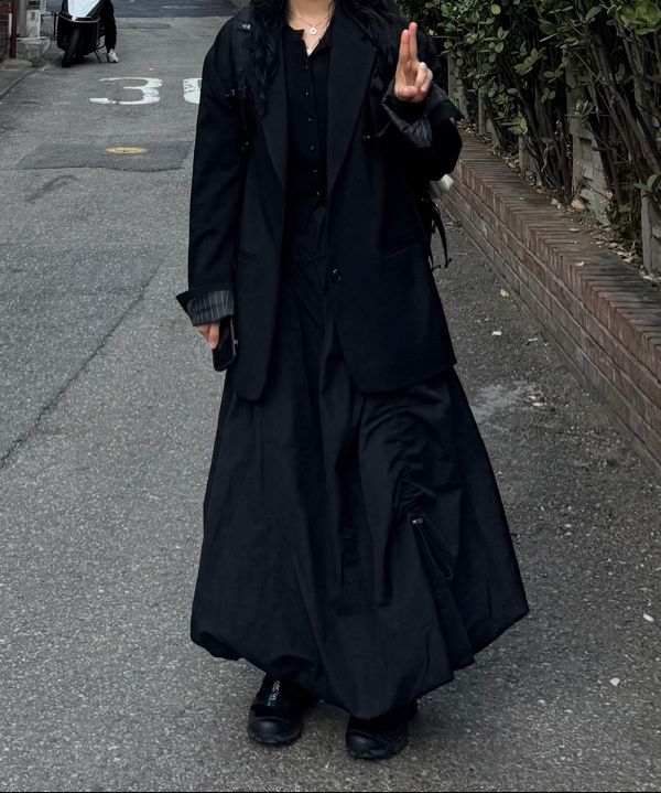 MUSINSA | KOLEAT Balloon shirring strap long skirt [BLACK]