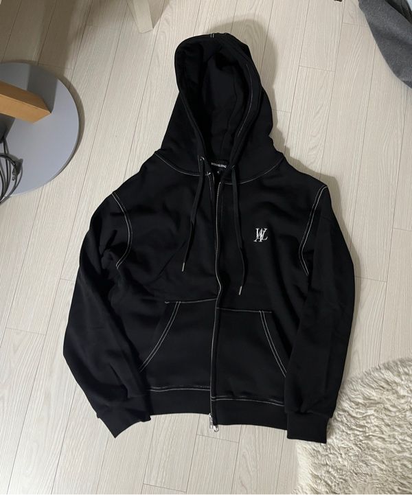 MUSINSA | WOOALONG WAL signature stitch hood zip-up - BLACK