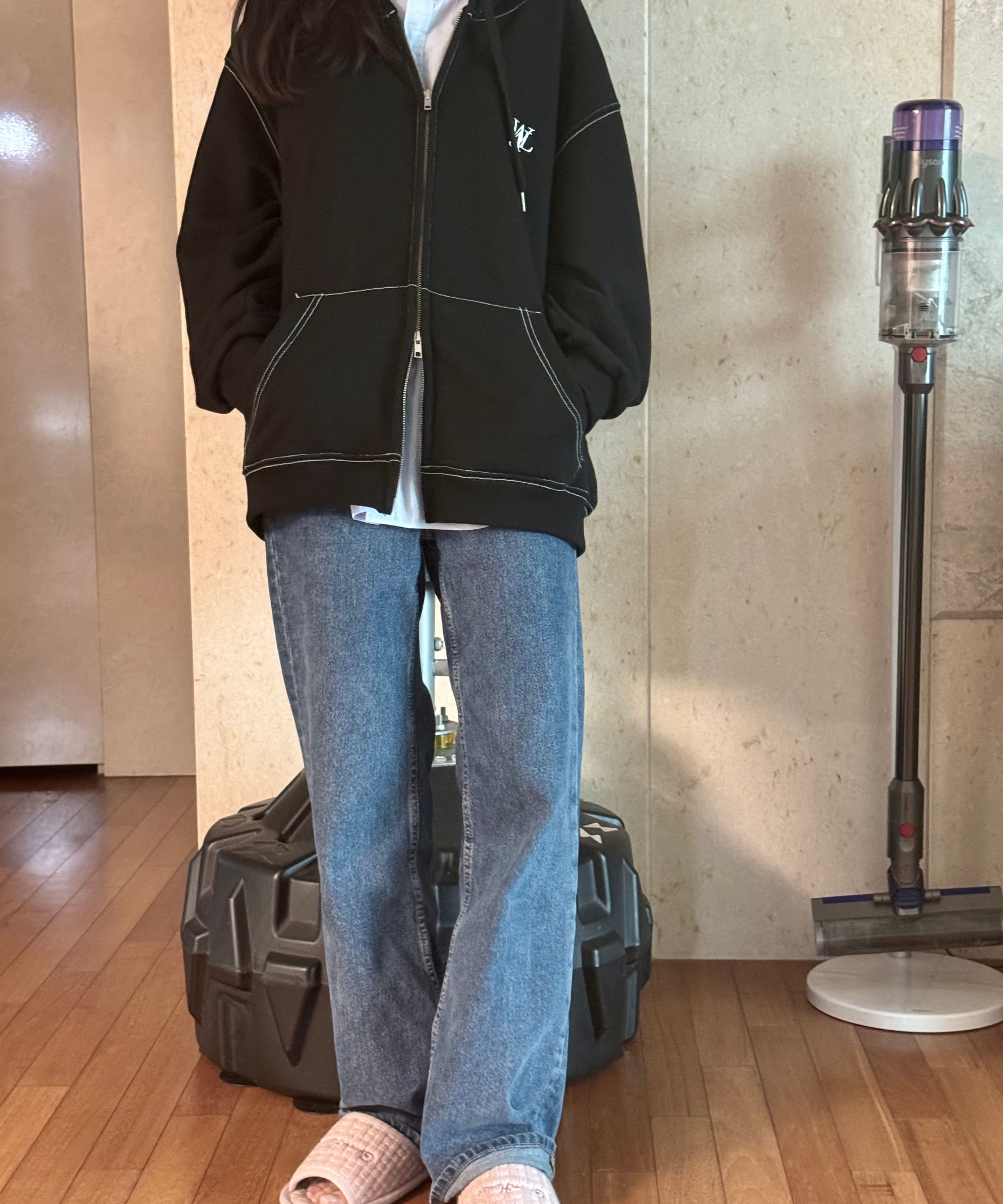 MUSINSA | WOOALONG WAL signature stitch hood zip-up - BLACK