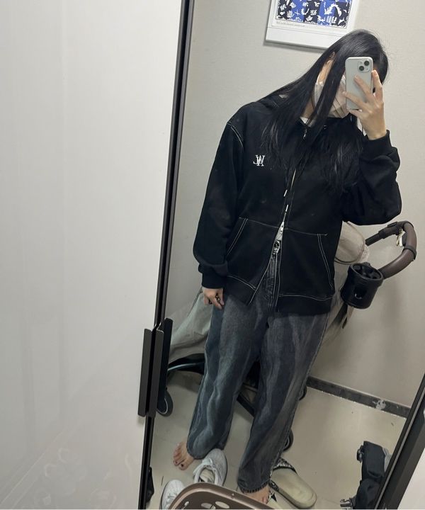 MUSINSA | WOOALONG WAL signature stitch hood zip-up - BLACK