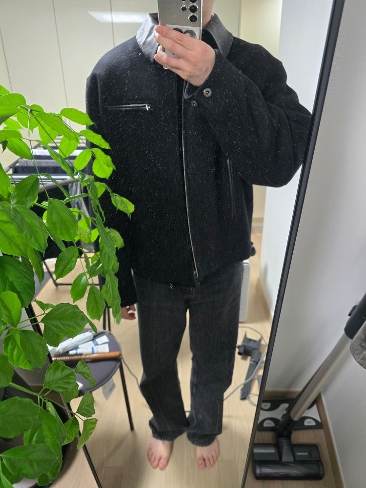 MUSINSA | INSILENCE Leather Patch Wool Work Jacket BLACK