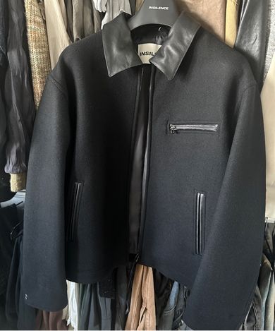 MUSINSA | INSILENCE Leather Patch Wool Work Jacket BLACK