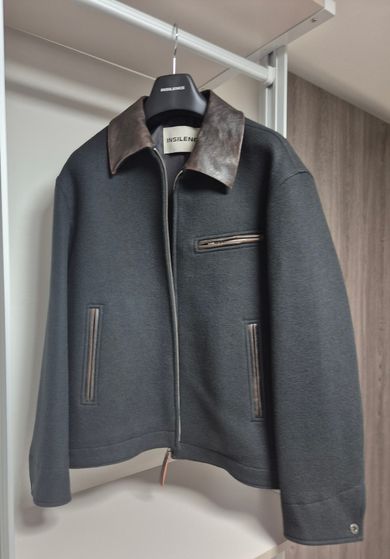 MUSINSA | INSILENCE Leather Patch Wool Work Jacket INK GREY