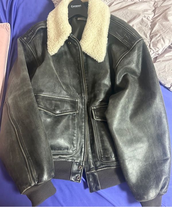 MUSINSA公式 | GLOWNY AIR FORCE LEATHER JACKET (WASHED BLACK)