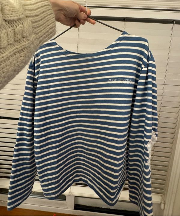 Tシャツ・カットソー RONRON STRIPE LACE PATCH ELBOW PATCH LONG SLEEVE BLUE RR24CL STRIPE LACE PATCH ELBOW PATCH LONG SLEEVE BLUE - RONRON 론론
