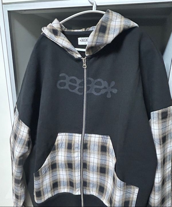 MUSINSA | AEAE CHECK PATCHWORK HOOD ZIP-UP [BLACK]