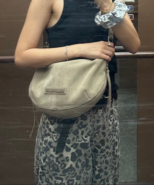 MUSINSA | MATIN KIM HALF MOON SUEDE LEATHER HOBO BAG IN KHAKI