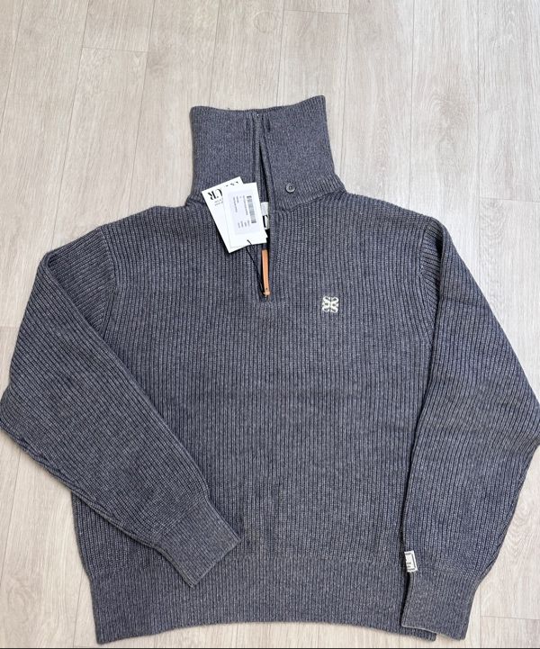 MUSINSA | SATUR Button up sailor half knit zip-up charcoal
