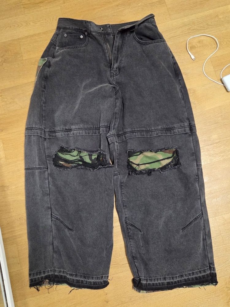 MUSINSA | NOT4NERD Camo Patch Work Layered Denim Pants - Black