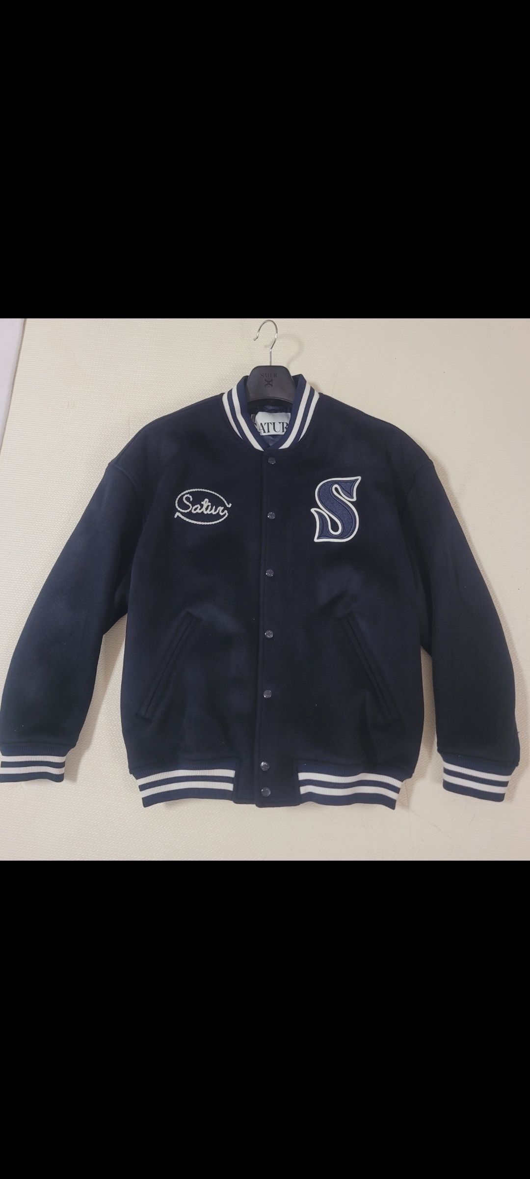 MUSINSA公式 | SATUR S Applique Wool Varsity Jacket Navy