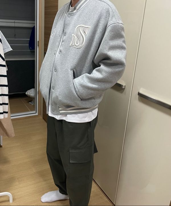 MUSINSA | SATUR S Applique Wool Varsity Jacket Grey