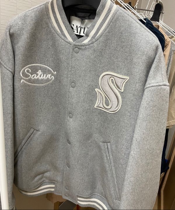 MUSINSA | SATUR S Applique Wool Varsity Jacket Grey