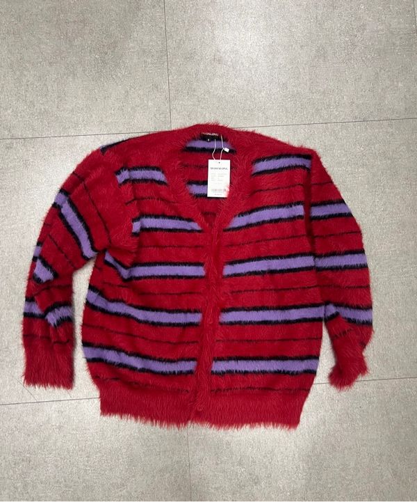 MUSINSA公式 | WOOALONG Stripe brushed cardigan - RED