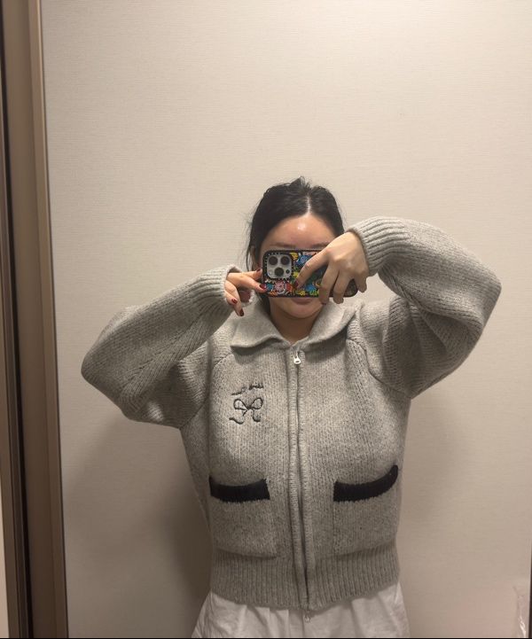 MUSINSA | RONRON BACK HEART RIBBON COWICHAN KNIT ZIP UP GREY