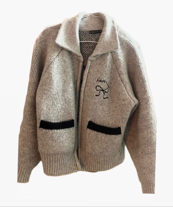 MUSINSA | RONRON BACK HEART RIBBON COWICHAN KNIT ZIP UP GREY